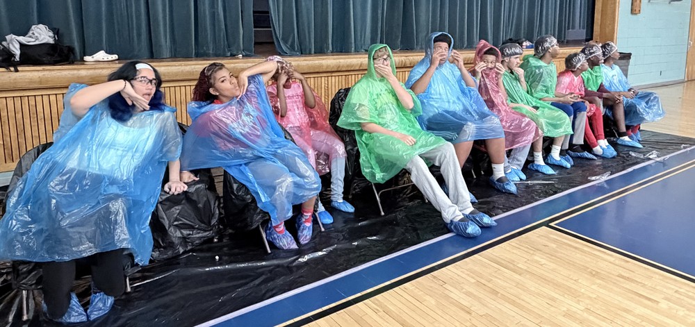 A group of students sitting in chairs on a gym floor, lined up in front of a blue stage curtain. They are wearing colorful plastic ponchos (blue, green, red, and clear) and hairnets to protect themselves from whipped cream.