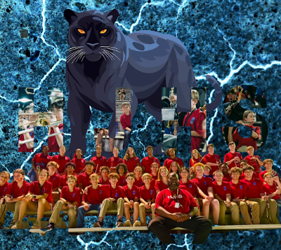 image of band students with blue background and panther logo