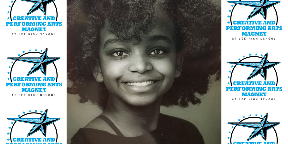 Arionne headshot set against a white background with Lee Creative and Performing Arts Magnet logos