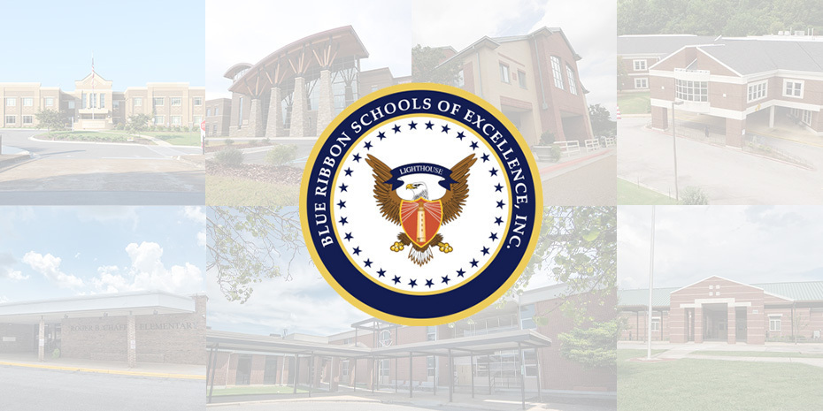 Eight different school building facades under a white overlay with the Blue Ribbon Schools of Excellence, Inc. Logo Superimposed on top