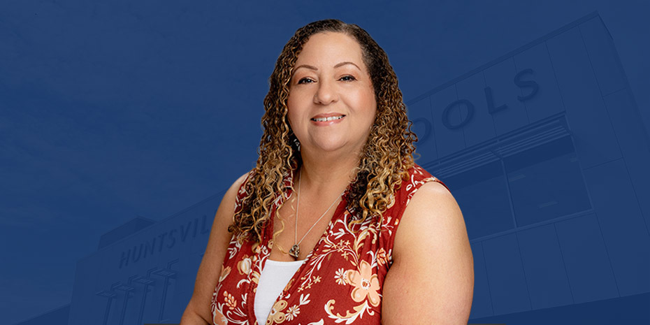 Manuela Cothren headshot over blue overlayed central office building facade