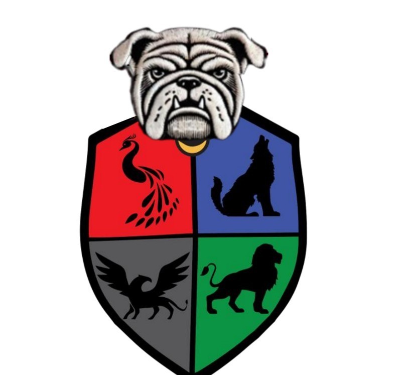 school logo with a bulldog on top and color red, green, grey, and green inside with different symbols