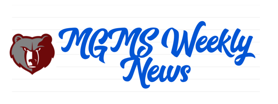 Text that says MGMS Weekly News on lines that look like paper with the grizzly bear logo