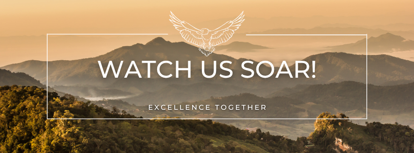 Beige and green mountains in the distance. There is a white rectangle with an eagle at the top enter and the words "watch us soar" and "excellence together" in the center. 
