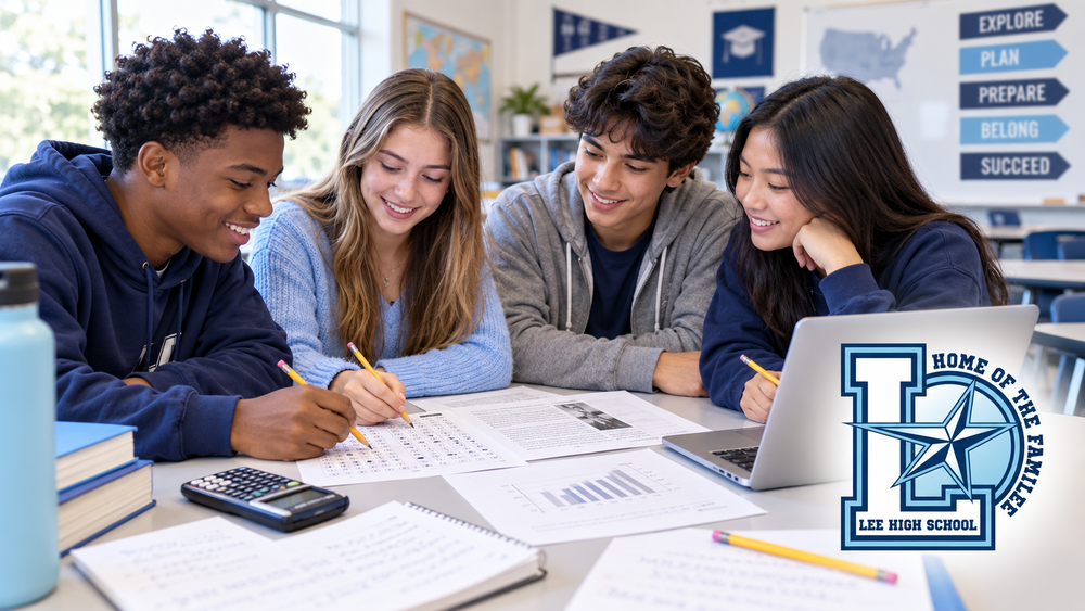 Four high school students practice ACT skills together using test questions, a calculator, and a graph beside the Lee High School logo.