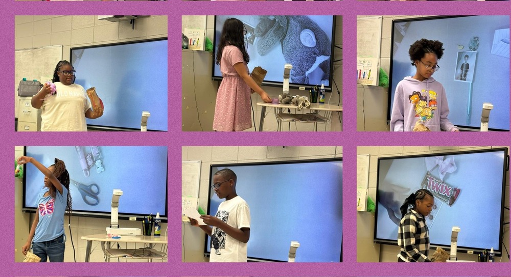 Six 5th grade students are each standing in front of the screen in their classroom. They have different items in their hands, like a twix bar and a stuffed animal, that they are displaying to their class.