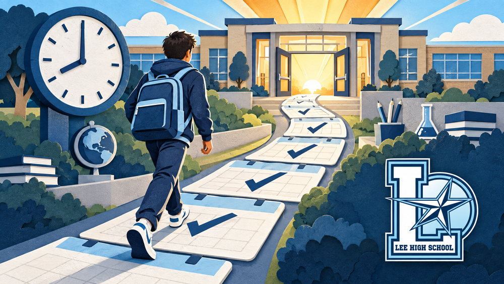 A student walks across checked calendar pages toward open school doors as a clock marks the morning, beside the Lee High School logo.