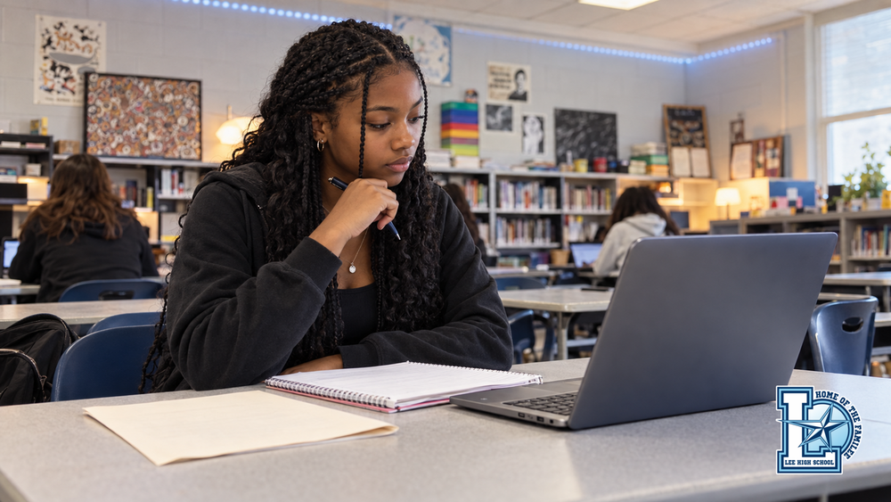 A Lee High School student reviews a notebook while preparing a message to a teacher on a laptop in a classroom.