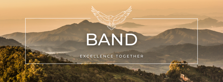 Beige and green mountains in the distance. There is a white rectangle with an eagle at the top enter and the words "band" and "excellence together" in the center.