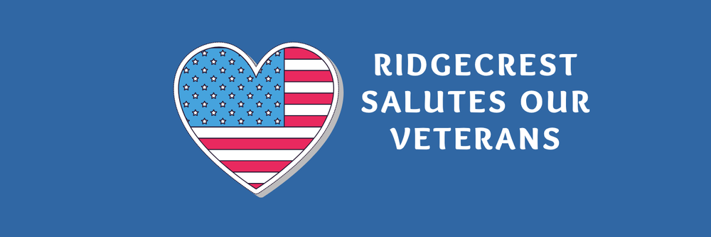 Image of a heart with the American flag inside and the words Ridgecrest Salutes our Veterans.