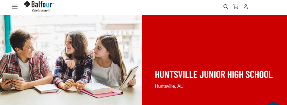 image of students with a yearbook including balfour logo, red background with Huntsville Junior High School Text