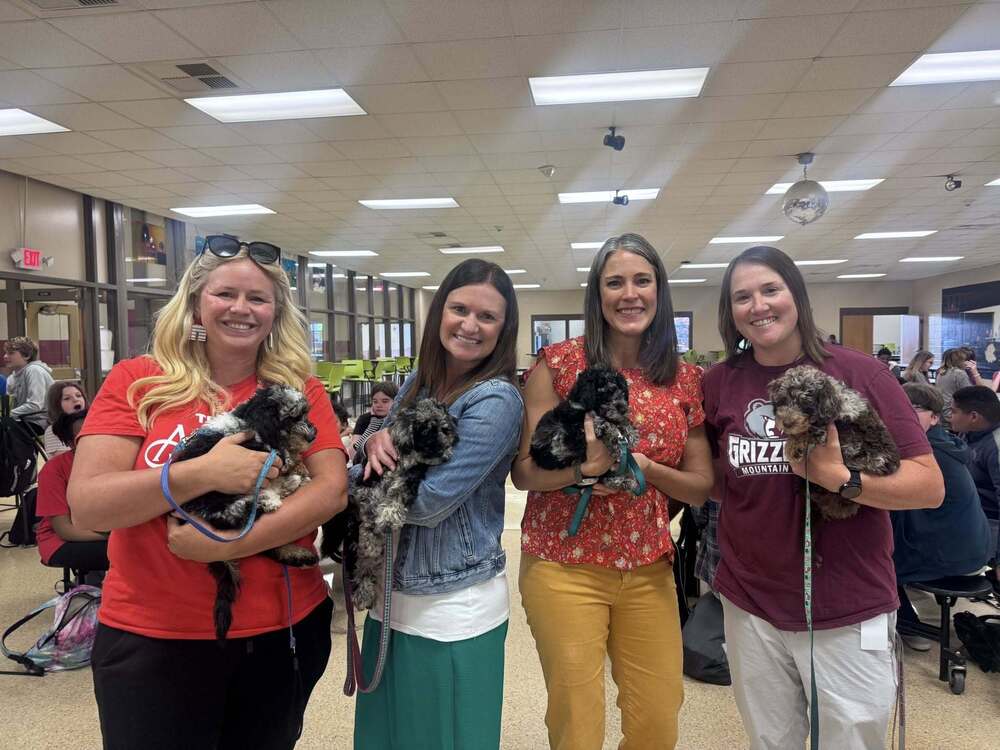 Four teachers holding puppies that were used in a science class project