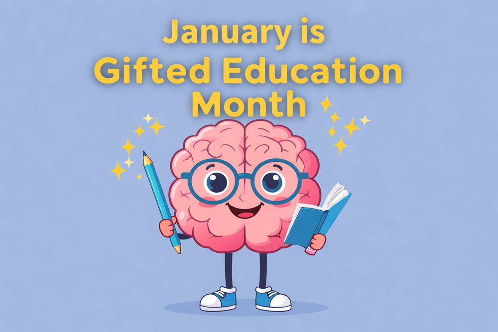 Illustration of a smiling cartoon brain holding a pencil and a book with the text “January is Gifted Education Month.”