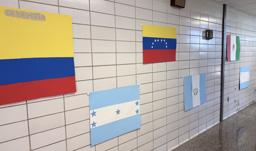 South American flags are on display in the hallway of Chapman Middle as part of the Hispanic Heritage Month Celebration.