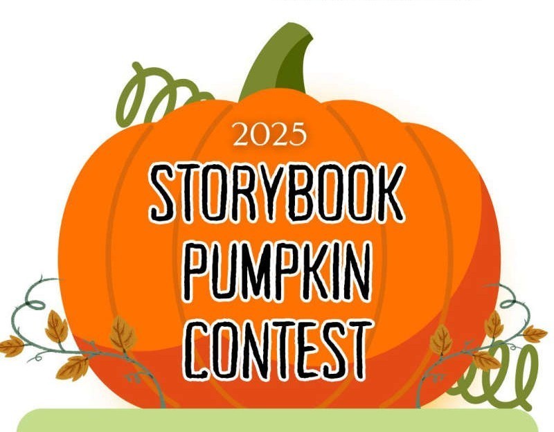 A graphic of a pumpkin with vines and leaves advertising the Storybook Pumpkin Contest