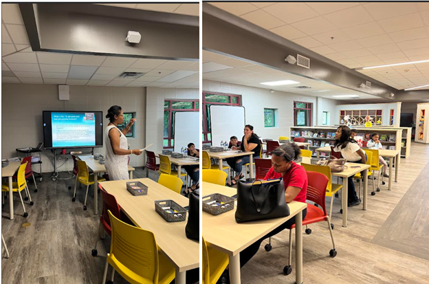 Collage of a teacher standing in Library and parents sitting at tables in library