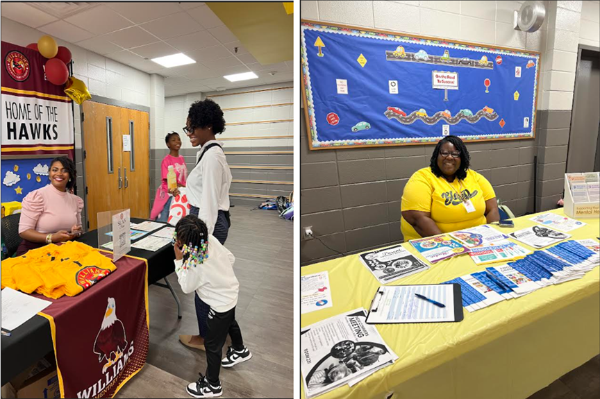 Collage on right: A PTA parent sits behind a table, talking with a mother and her two children. Collage on left a woman sits at another table with flyers.