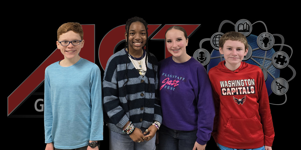 Rhylan Abbot, Madilynn Brewer, Naomi Coleman, and Marshall Parr standing in front of an AGT logo