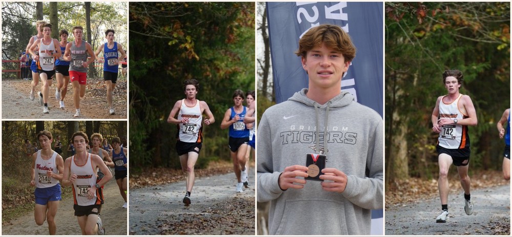5 pictures of Jack Shattuck . In pictures 1, 2, 3 and 5 he is running races with a white Grissom cross country shirt on number 742.  In picture 4 he is a grey hooded sweat shirt holding a medal.