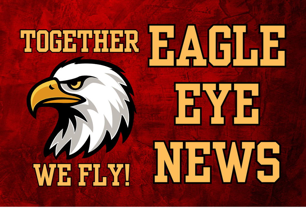 Red background with a white eagle head and gold lettering. The words "Together we fly" and "Eagle eye news"