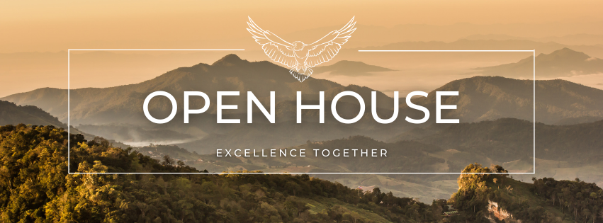 Beige and green mountains in the distance. There is a white rectangle with an eagle at the top enter and the words "open house" and "excellence together" in the center.