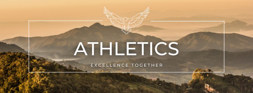 Beige and green mountains in the distance. There is a white rectangle with an eagle at the top enter and the words "athletics" and "excellence together" in the center. 