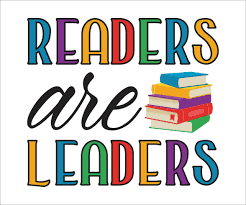 Image with the words Readers are Leaders with a pile of books
