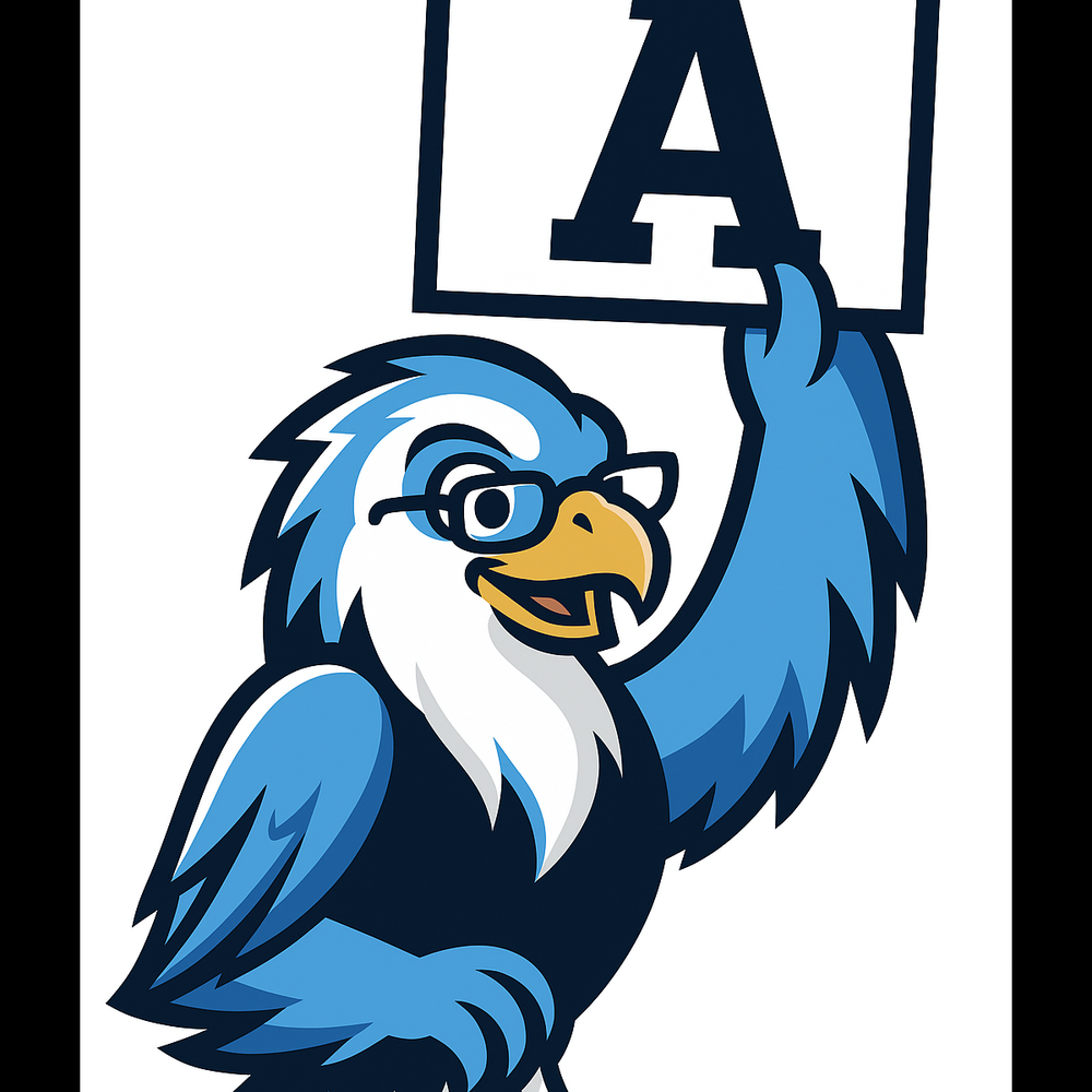 Farley Falcon Mascot Holding an A Report Card