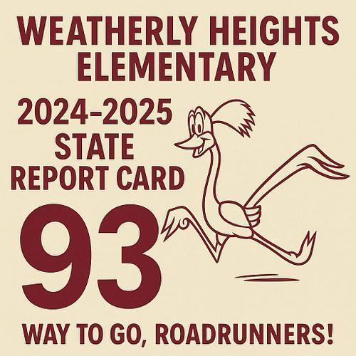 Weatherly Heights Elementary 2024-2025 state report card with a cartoon roadrunner. Bold "93" and text: "Way to go, Roadrunners!" conveys celebration.