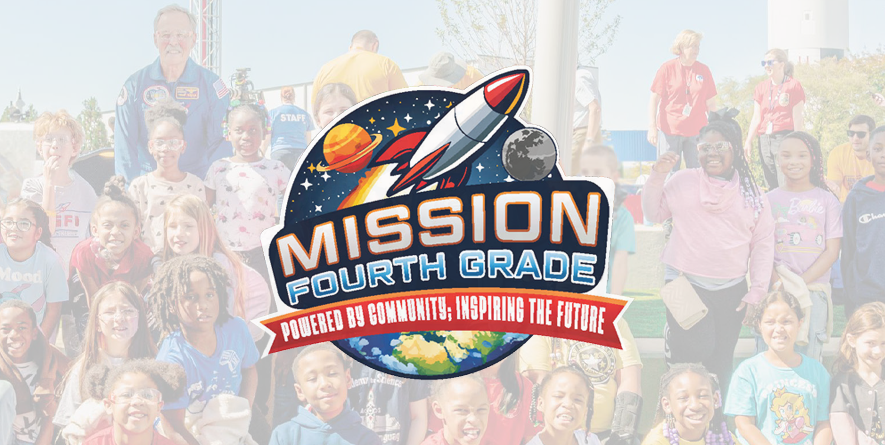 Mission Fourth Grade, Powerd by Community; Inspiring the Future logo overlayed above group picture of students with Space & Rocket personnel