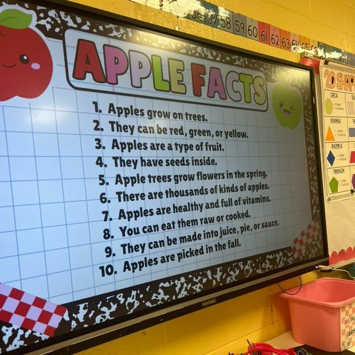 Active Board with ten Apple Facts listed on it including Apples grow on trees. They can be red, green, or yellow. They have seeds inside. Apple trees grow flowers in the spring. There are thousands of kinds of apples. Apples are healthy and full of vitamins. You can eat them raw or cooked. They can be made into juice, pie, or sauce. Apples are picked in the fall.