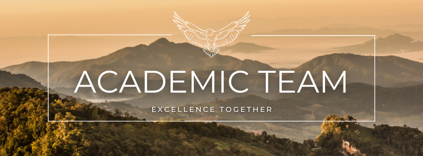 Beige and green mountains in the distance. There is a white rectangle with an eagle at the top enter and the words "Academic Team" and "excellence together" in the center. 