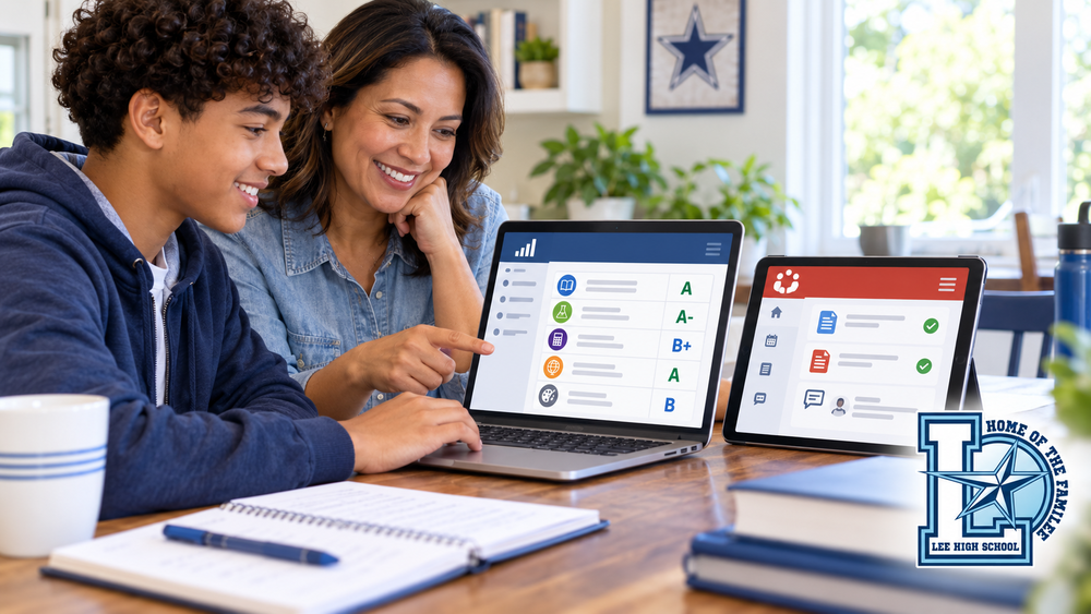 A parent and high school student review course grades on a laptop and assignments and feedback on a tablet beside the Lee High School logo.
