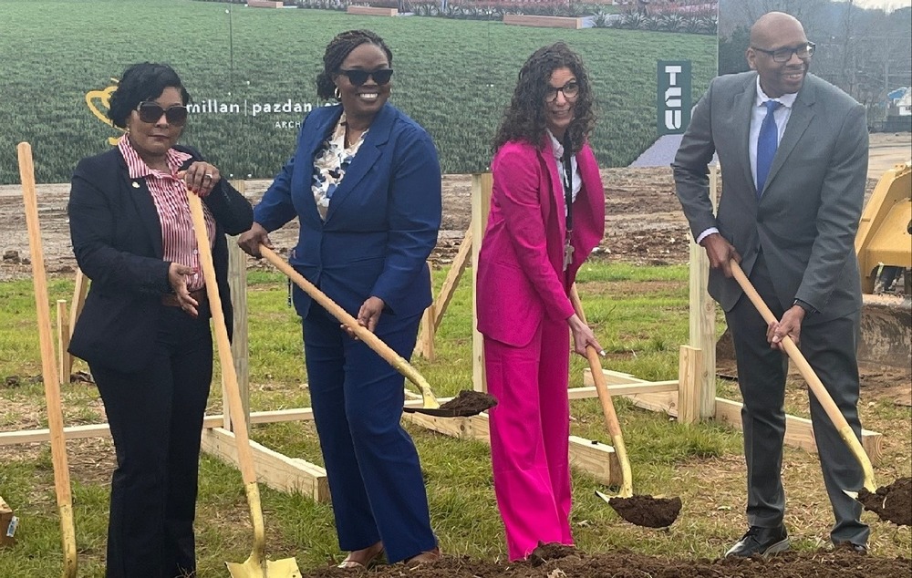Artemis principal, Jennifer McKinney, along with Huntsville City Schools Superintendent.Dr. Clarence Sutton,  and the Chapman Middle principal, Donna Peavy, and ASFL principal, Dr. Nicole Shoulders shovel dirt. 