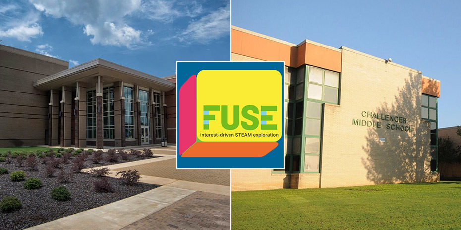 Whitesburg and Challenger Middle School building facade set with the FUSE STEAM logo in the middle