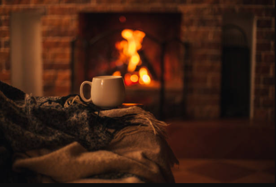 coffee cup and fireplace