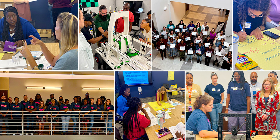 Collage of images of teachers engaged in a variety of professional development activities