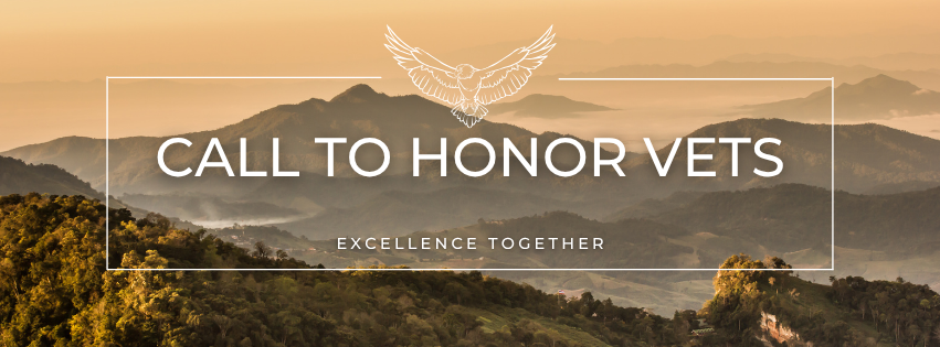 Beige and green mountains in the distance. There is a white rectangle with an eagle at the top enter and the words "call to honor vets" and "excellence together" in the center.