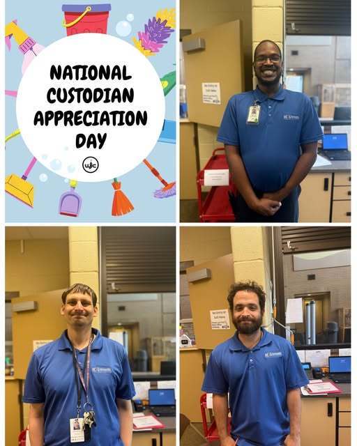 Text states National Custodian Appreciation Day with cleaning supplies in background in top left, Ned in top right in office, Nathan bottom left in office, Cody bottom right in office.