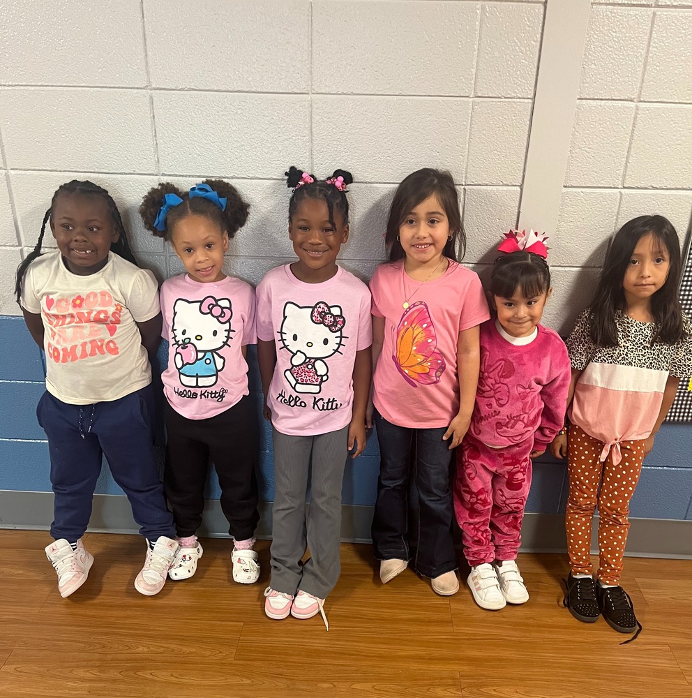 Students standing together, smiling and posing while wearing pink clothing
