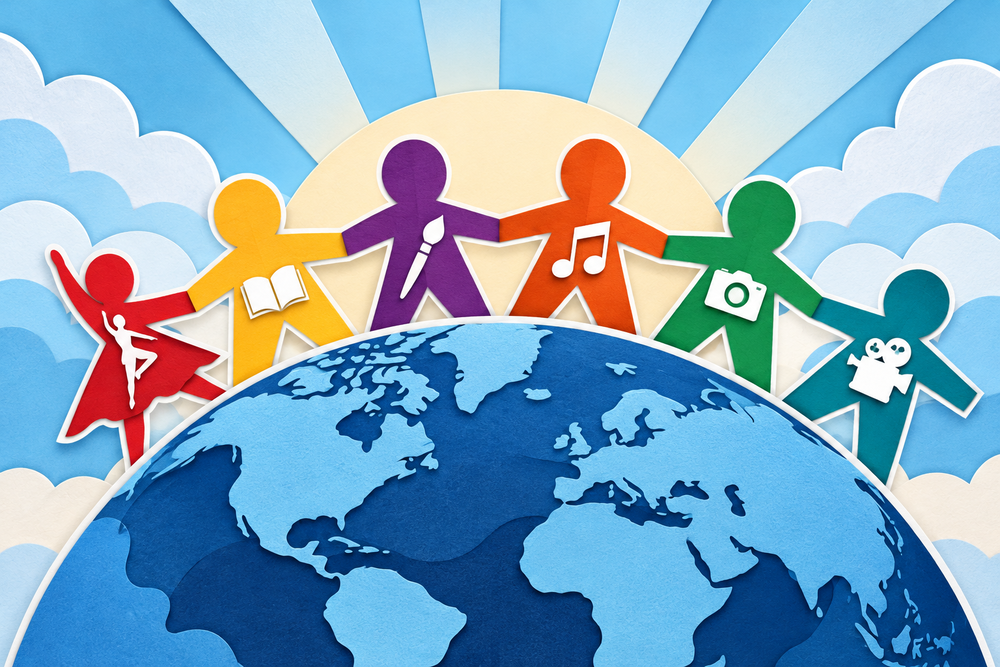 Six linked figures around a blue globe display symbols representing dance, literature, visual arts, music, photography and filmmaking.