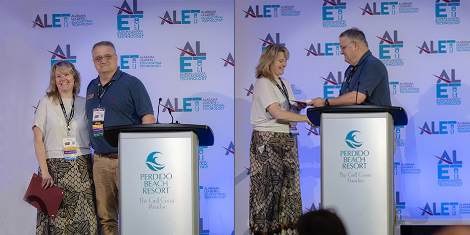 Side by side image of Emily Elam posing with and receiving the Sally Moore award from an ALET representative