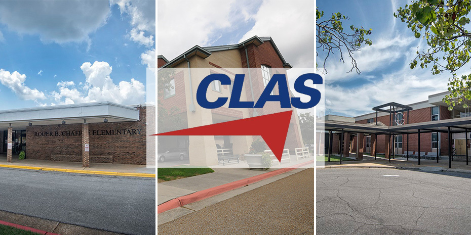 Collage of Chaffee, Hampton Cove Elementary, and Mountain Gap school buildings with the CLAS logo overlayed on top