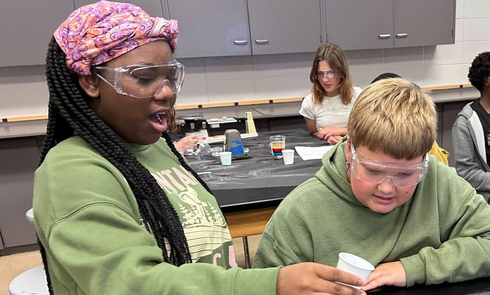 two students in the lab making a density column