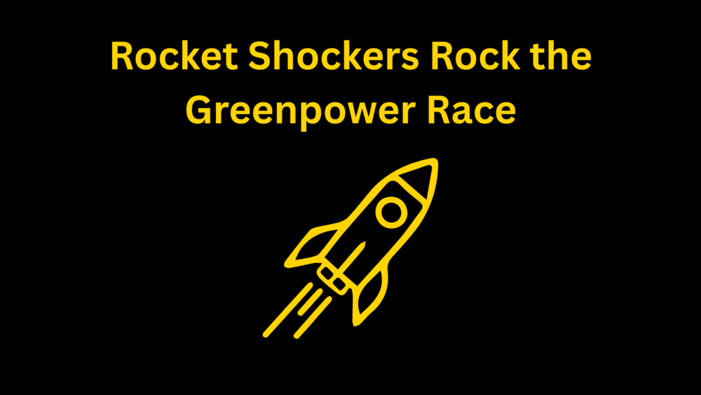 Rocket ship blasting off with the words Rocket Shockers Rock the Greenpower Race
