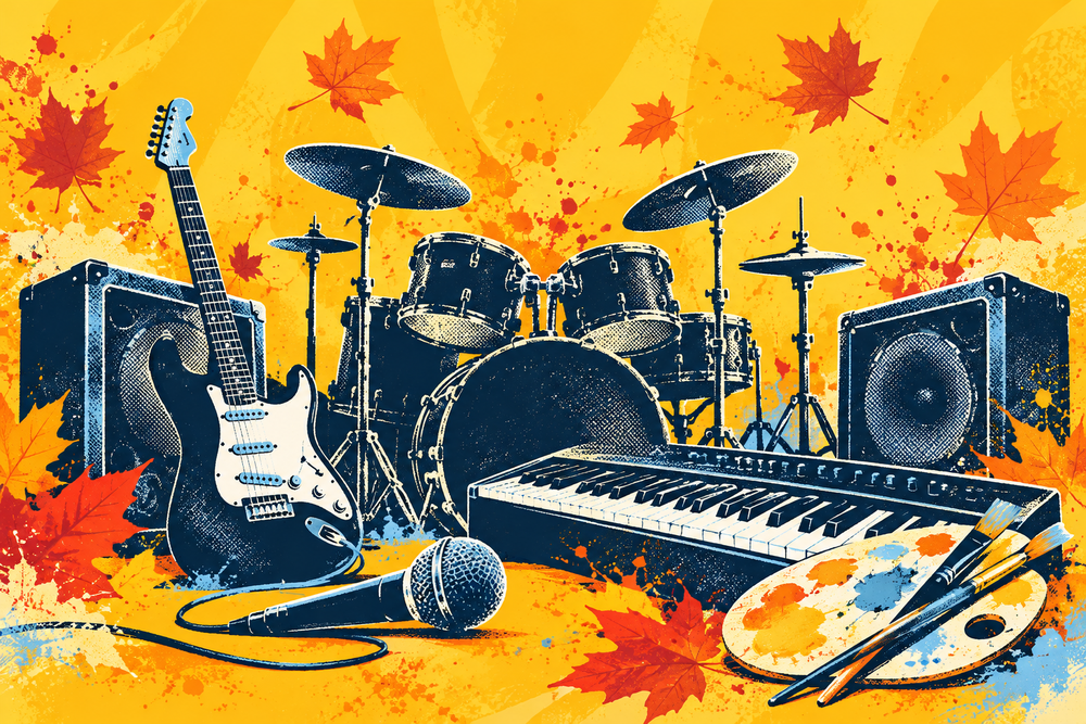 Illustration of a guitar, drums, keyboard, microphone and paint palette surrounded by autumn leaves, representing Lee High School’s Fall Arts Festival.