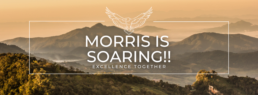 Beige and green mountains in the distance. There is a white rectangle with an eagle at the top enter and the words "Morris is soaring"  and "excellence together" in the center. 