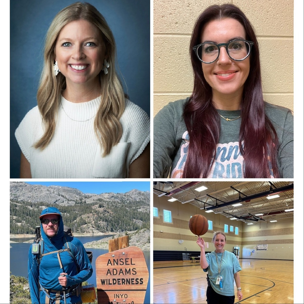 Instructional coaches Susan Moore top left, April Fellman top right, Brandon Millsaps bottom left at Ansel Adams Wildnerness, and Whitney Lambert with a basketball bottom right