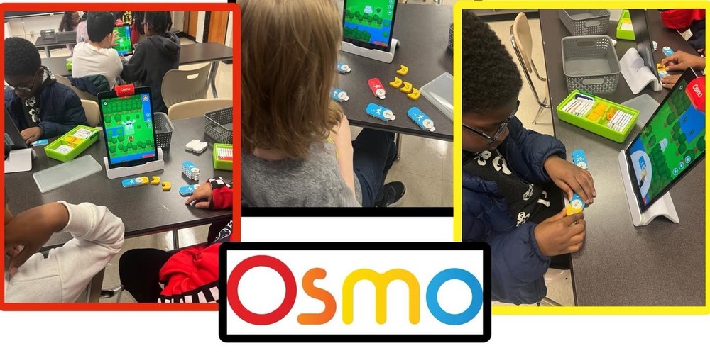 A collage of multiple pictures including students sitting at tables working on ipad screens and programming kits with the graphic logo for Osmo