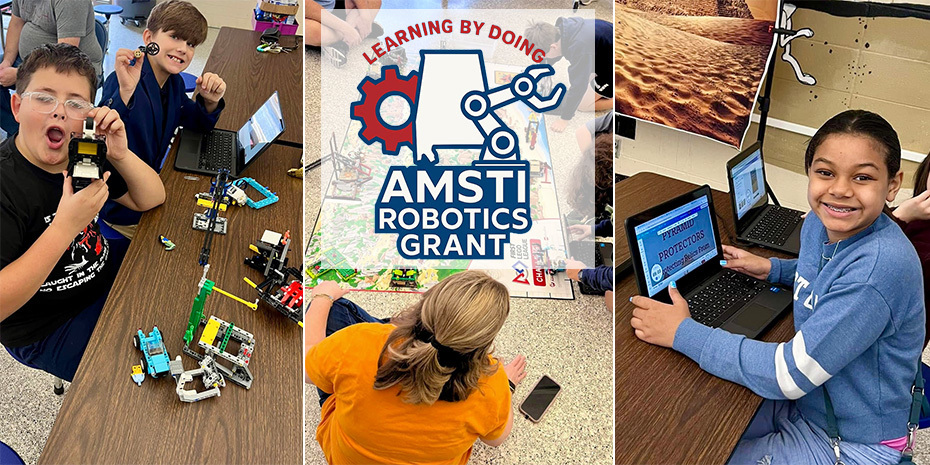 Various pictures of students engaged in robotics and computer activities, with the Learning by Doing AMSTI Robotics Grant logo superimposed